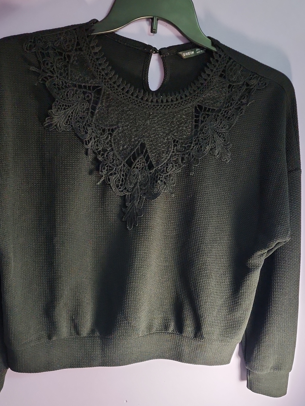 SHEIN Black Lace Yoke Crewneck Top